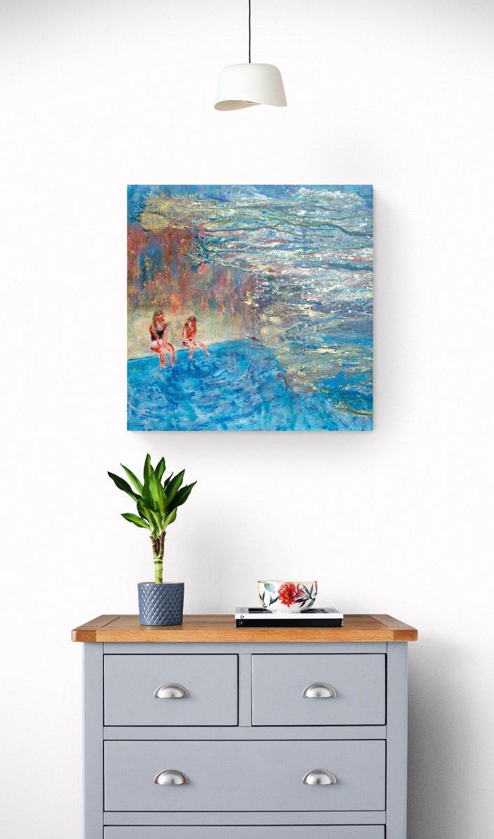 Expressive Landscape Acrylic Painting By Sbboursot, 31 X 31", Memories Of Childhood Holidays, Original Artwork