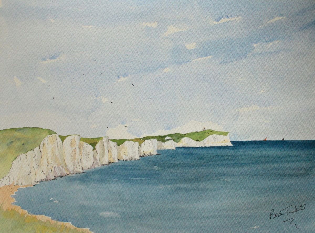 Photorealistic Landscape Watercolour By Brian Tucker, 16 X 12, The Seven Sister Cliffs Sussex, Original Artwork