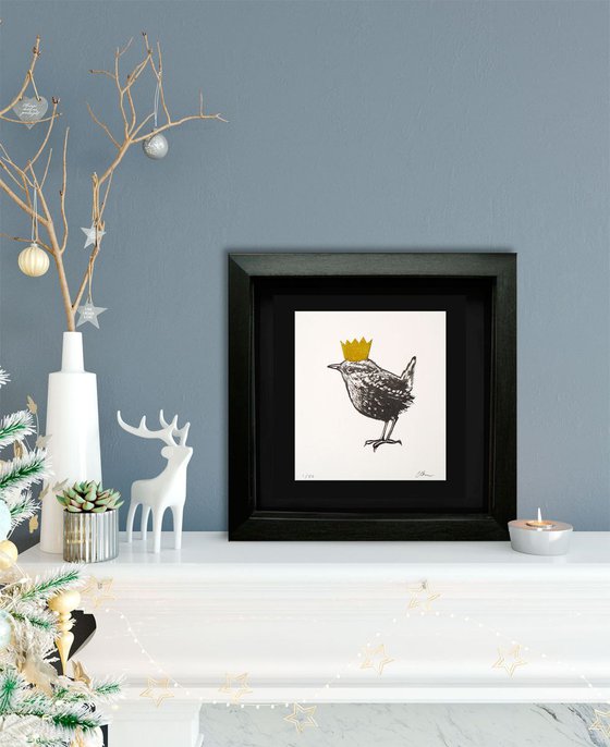 King - wren linoprint - Framed ready to hang