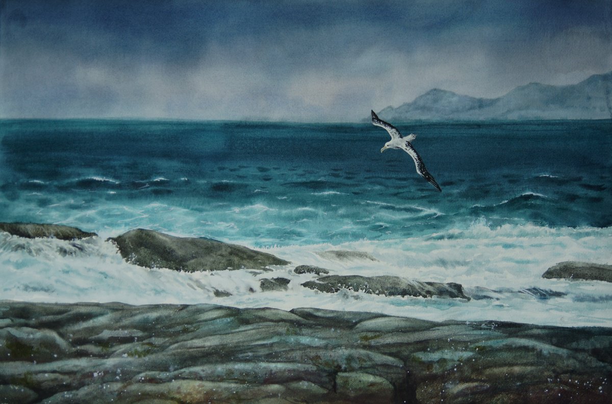 Rocky Coast - Rough Sea on a windy winter day - Stormy Seas - Ocean - Waves by Olga Beliaeva Watercolour