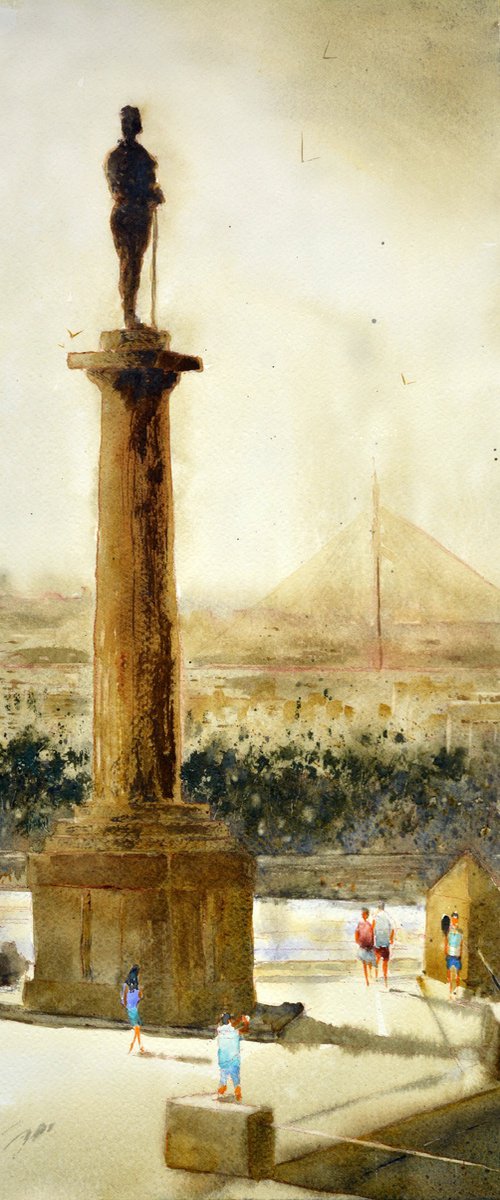 The winner statue and Ada bridge Belgrade 23x54 cm 2024 by Nenad Kojić watercolorist