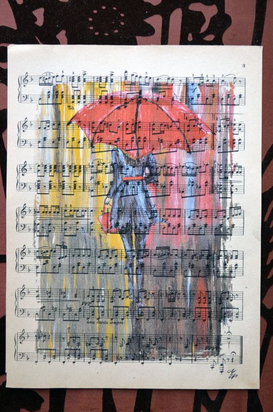 Red Umbrella  on the Vintage Music Sheet