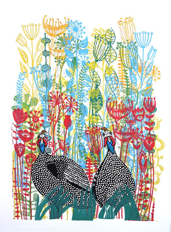 Guineahens in the wildflowers