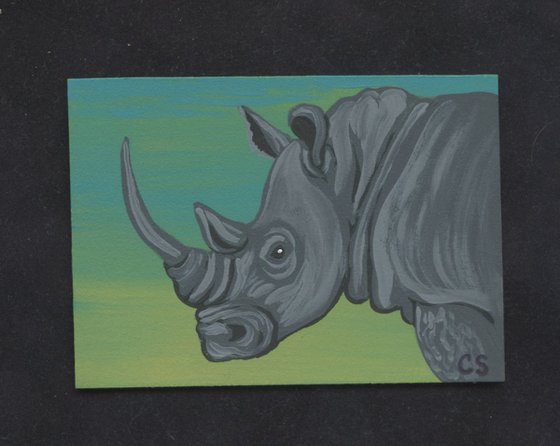 ACEO ATC Original Miniature Painting Rhinoceros Wildlife  Art-Carla Smale