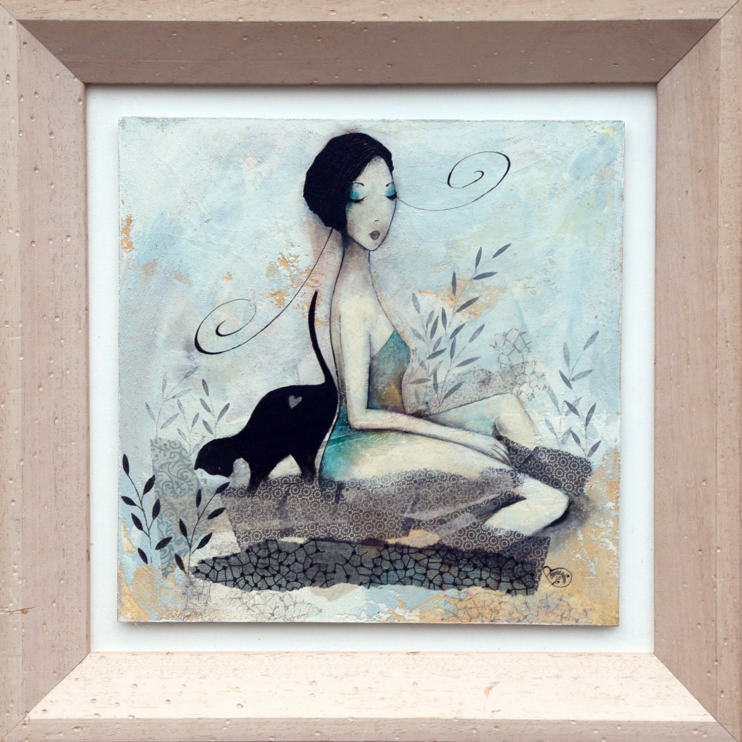 Illustrative Portrait Acrylic Painting By Armandine Js, 17 X 17, Ronrontherapie - Purr Therapy, Original Artwork