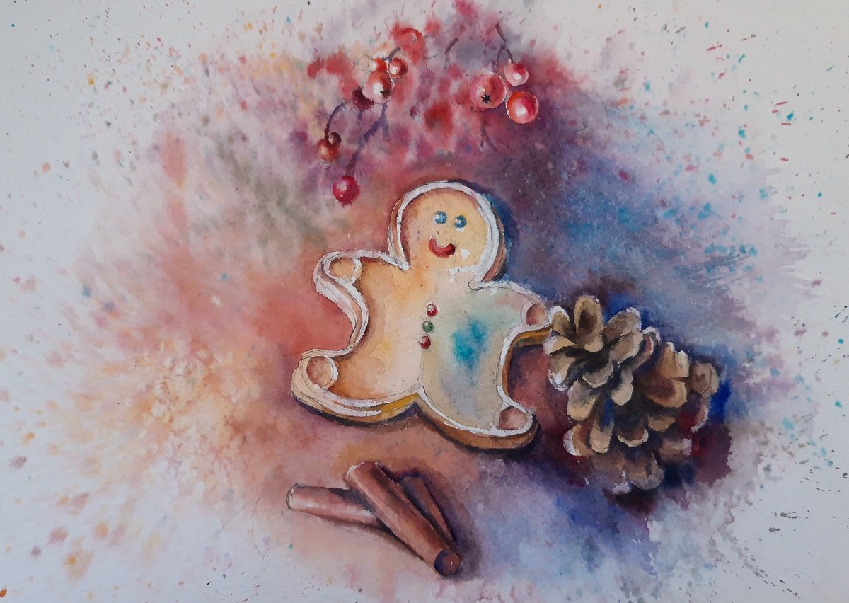 Gingerbread man, Holiday Painting, Christmas painting, Xmas Mood by Bozhidara Mircheva