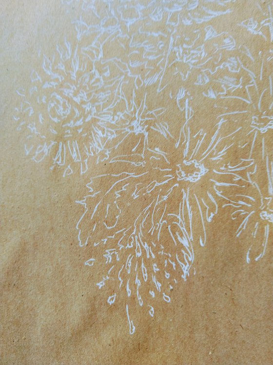 Autumn flowers. Drawing in white ink on beige paper.