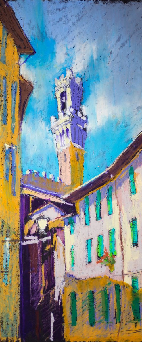 Siena. View of the tower from the street corner. Medium oil pastel drawing bright colors Italy by Sasha Romm