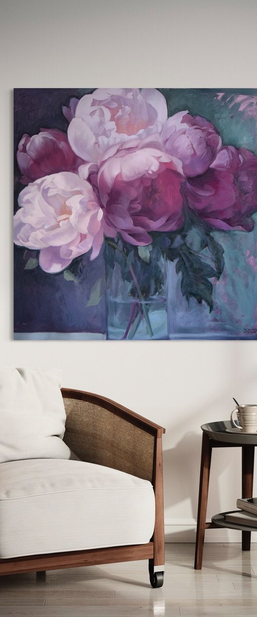 Peony bouquet in a glass vase by Polina Kharlamova