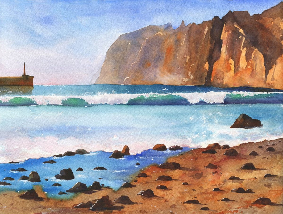 Impressionistic Landscape Watercolour By Oleksii Iakurin, 30 X 22", Acantilados De Los Gigantes, Original Artwork