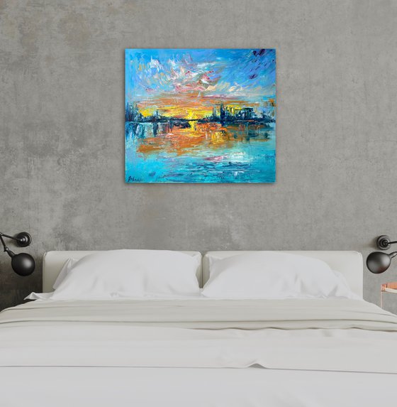 Sunset - Big city never sleeps, 70*80cm, impressionistic landscape oil painting in orange and turquoise