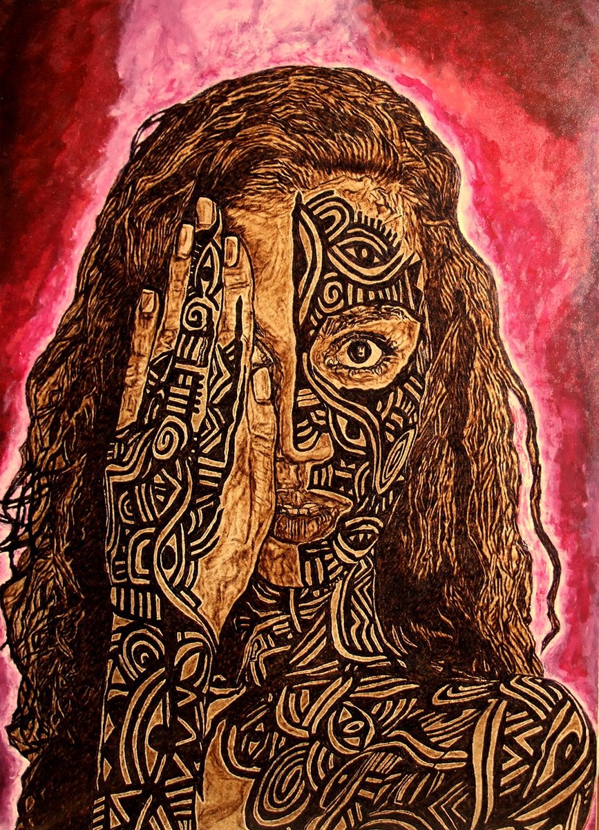 Abstract Portrait Painting By Milis Pyrography, 20 X 28", Mimicry, Original Artwork