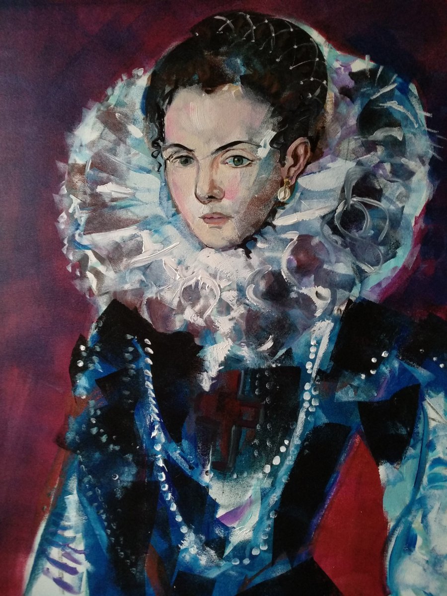 Expressive Portrait Acrylic Painting By Marina Del Pozo, 26 X 32", Princesa Espanola, Original Artwork