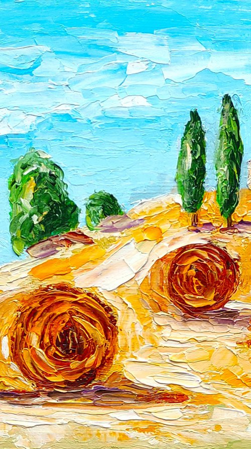 The haystacks, Tuscany Painting Original Art Haystack Artwork Field Wall Art Small Landscape Oil Painting by Yulia Berseneva