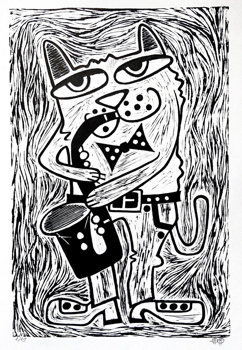 Animal Linocut By Nikita Ostapenco, 11 X 15", ?at With Saxophone, Original Artwork