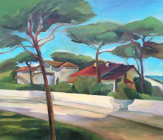 ITALY. NOON - oilpainting on canvas Italian landscape green pine trees sea blue sky idea for present gift home decor