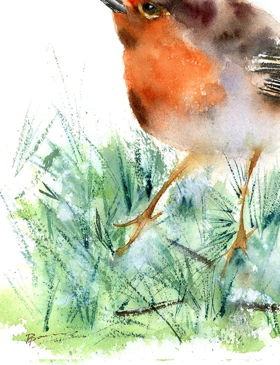 Bird on the Green Branch- watercolor painting
