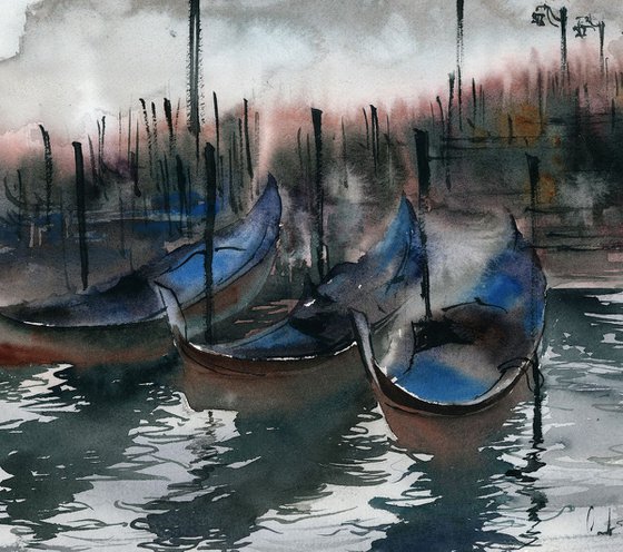 Venice and fog cityscape watercolor painting