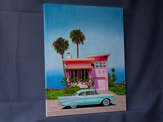 PINK AND TURQUISE by Vera Melnyk (Vintage California Vibes: Pink House, Turquoise Buick, Palm Trees - Ideal for Art Collectors)