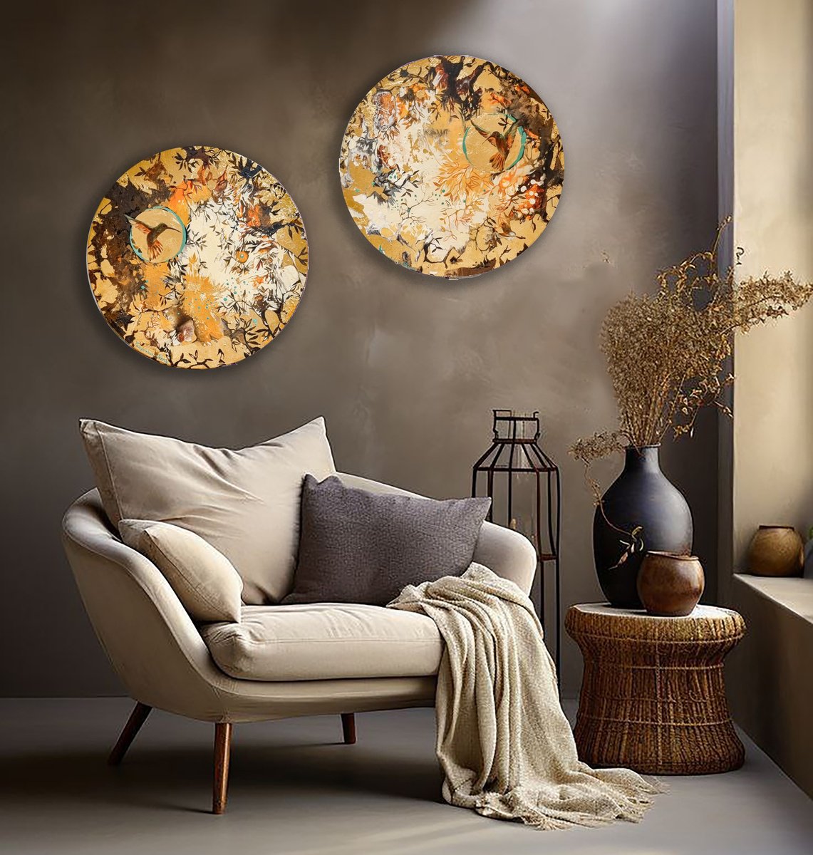 Abstract Animal Oil Painting By Natalia Yampolskaia, 39 X 20", Space. Diptych, Original Artwork