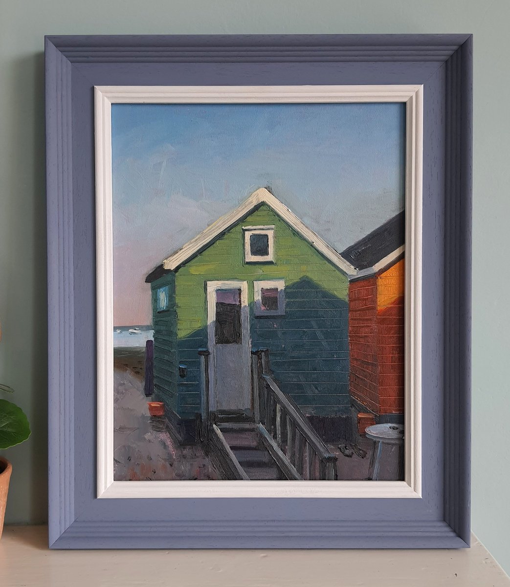 Impressionistic Landscape Oil Painting By Roberto Ponte, 15 X 18", Mudeford Sandbank Beach Huts, Original Artwork