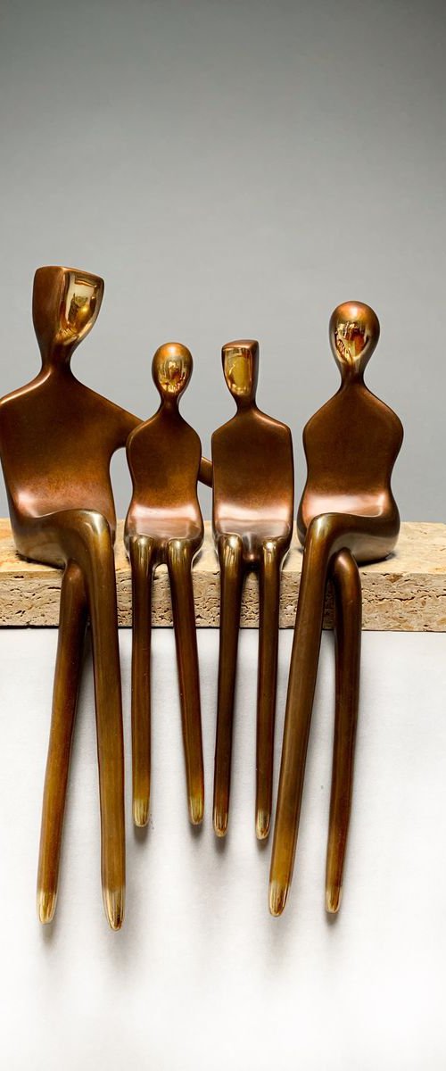 Bronze Sculpture - Family of Four in 15"  mounted on natural stone base by Yenny Cocq