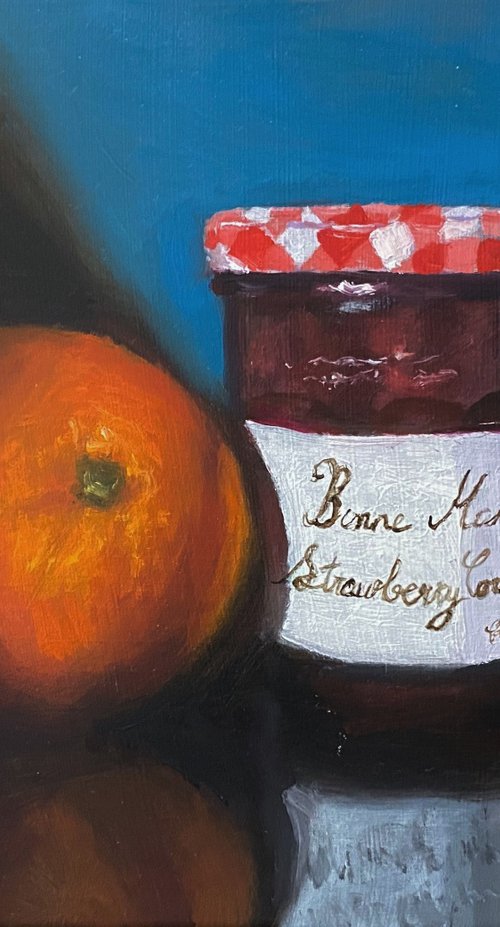 Original oil painting orange and strawberry jam jar, still life. by Jackie Smith