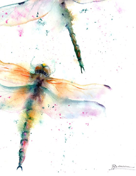 Green Dragonflies - Original watercolor painting