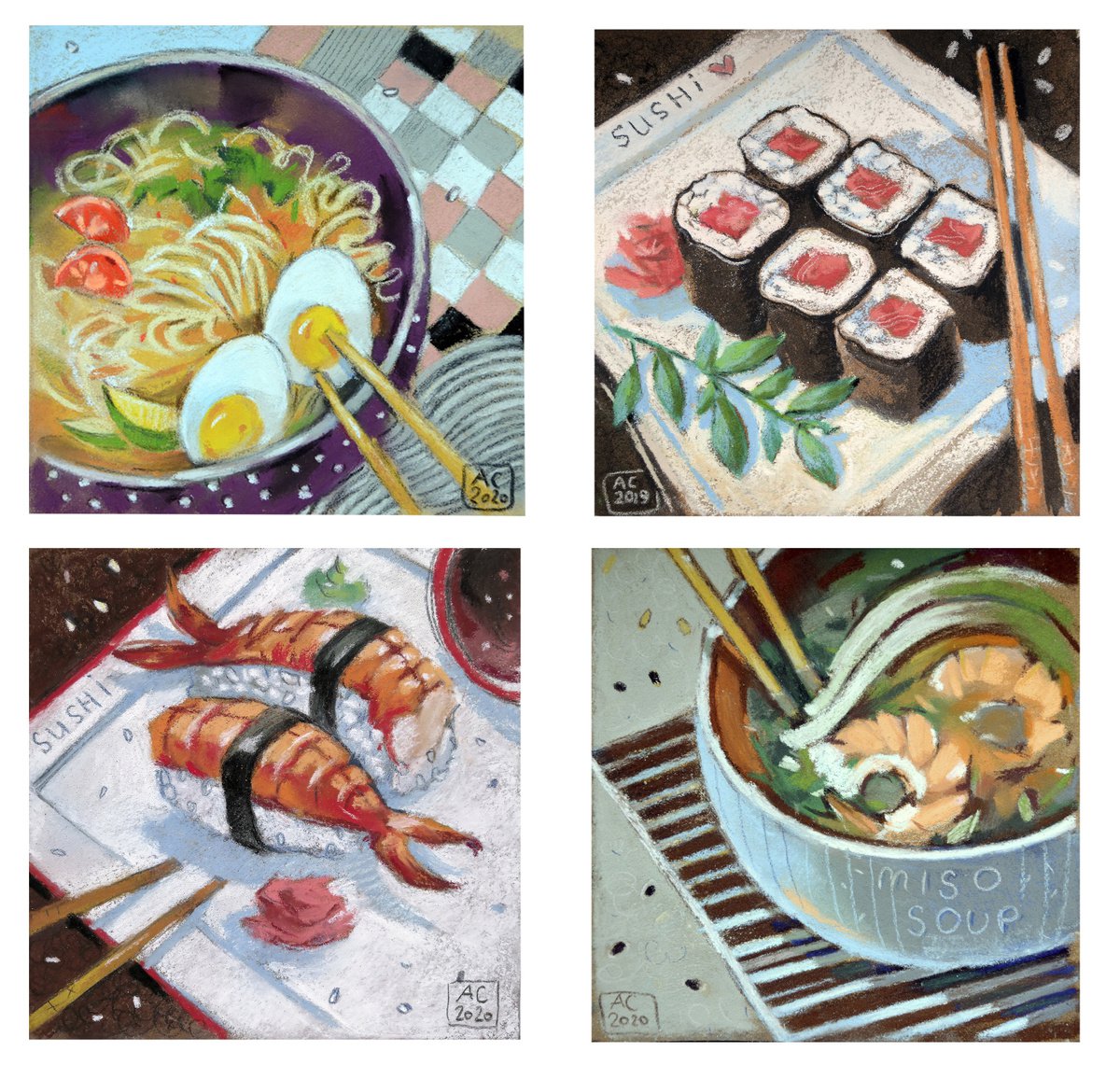 A series of 4 small paintings Japanese food by Alexandra Sergeeva