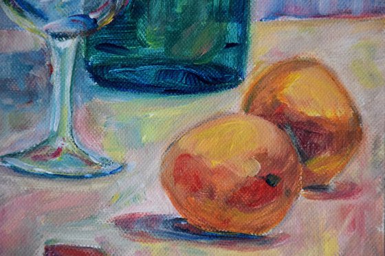 Acrylic painting Still-life with bottle, wineglass, mandarins and sweets