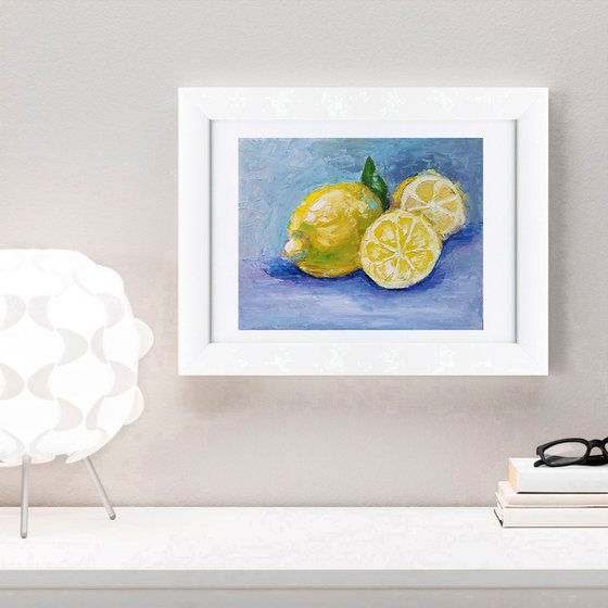 Lemon Painting Original Art Fruit Still Life Citrus Artwork Small Kitchen Wall Art