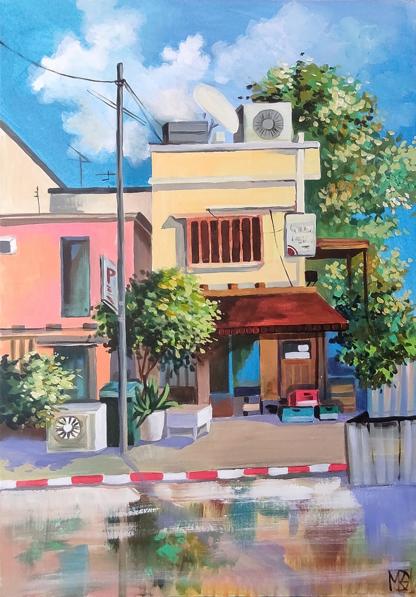 Impressionistic Landscape Acrylic Painting By Maria Kireev, 28 X 39", Colors Of Tel Aviv, Original Artwork