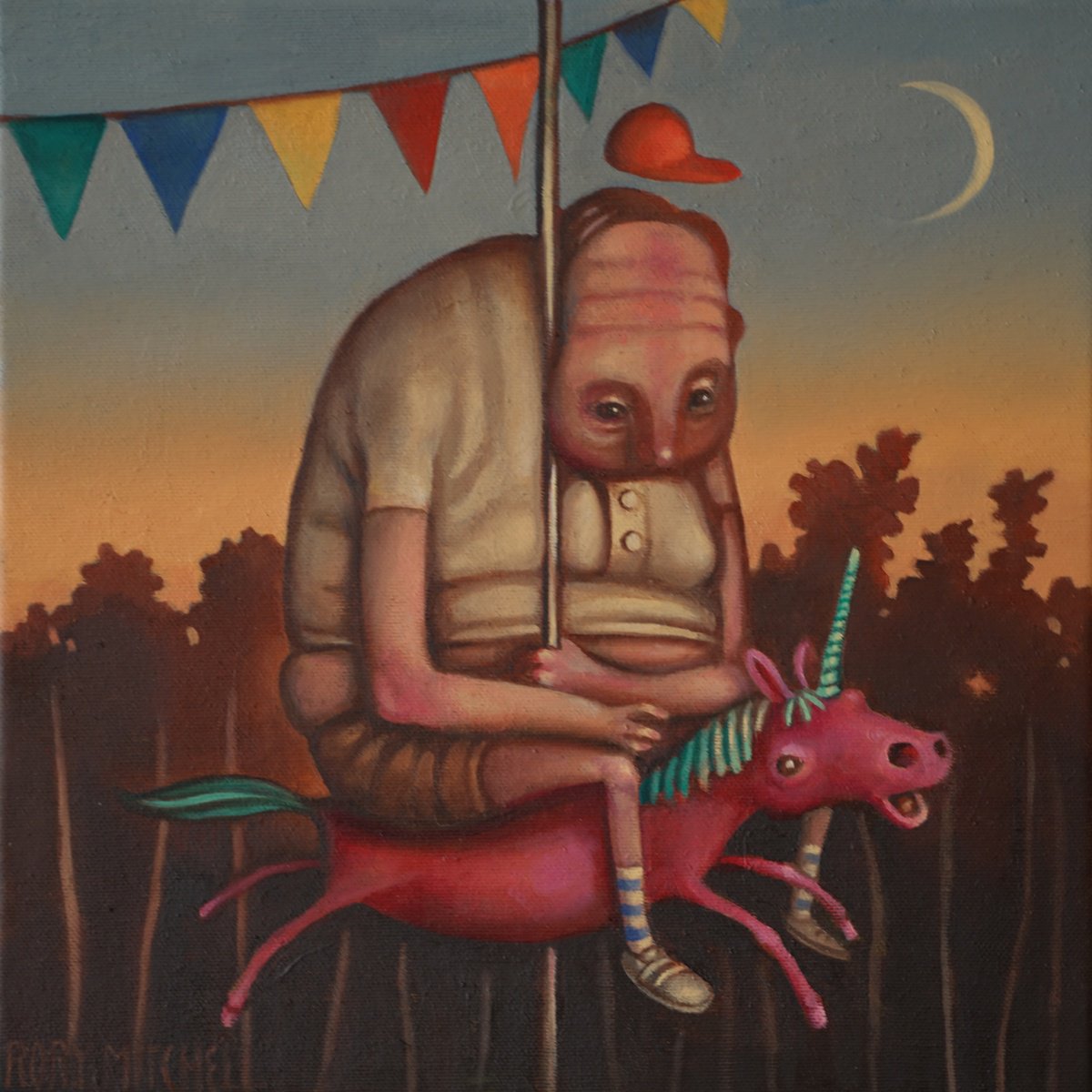 Naive Portrait Oil Painting By Rory Mitchell, 12 X 12", The Escapade, Original Artwork