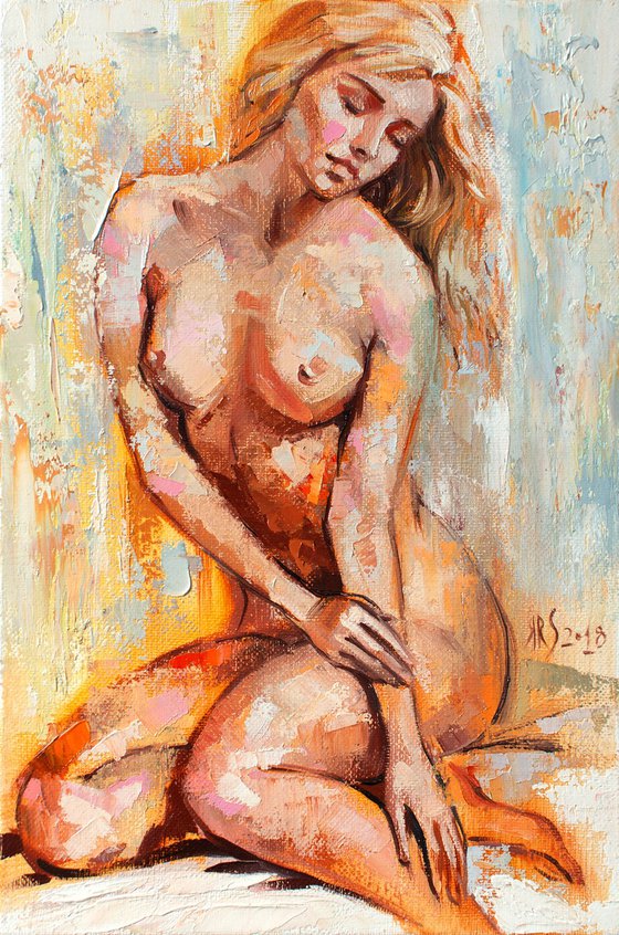 SPRING NUDE (Modern Impressionistic Oil Painting Beautiful girl Palette Knife Portrait)