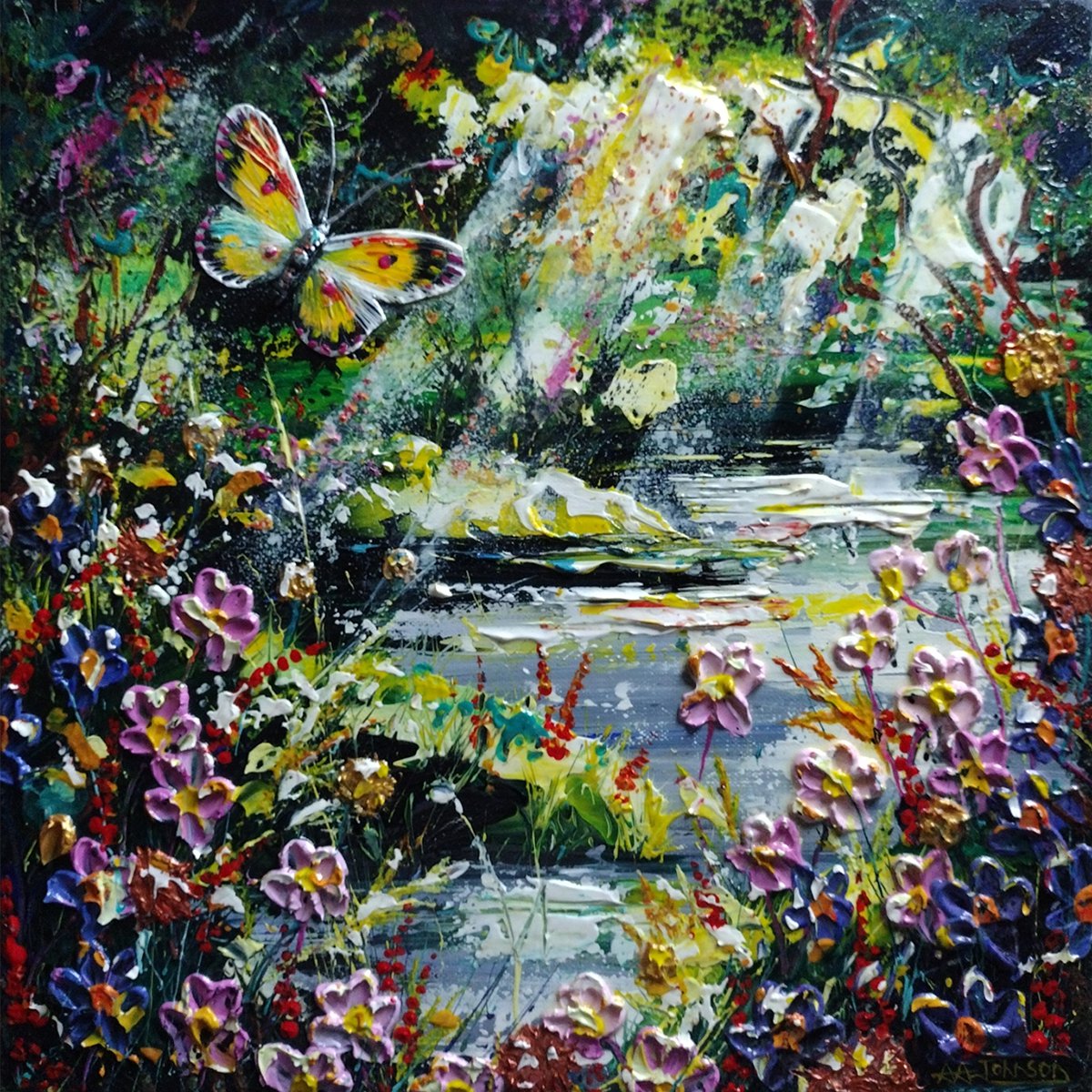 Botanical Painting By Andrew Alan Johnson, 16 X 16, Sunbeams And A Flutterby, Original Artwork