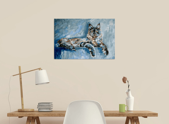 The Cat, Cat Oil Painting Maine Coon Original Art Tabby Cat Artwork Pet Portrait Wall Art 60x40 cm