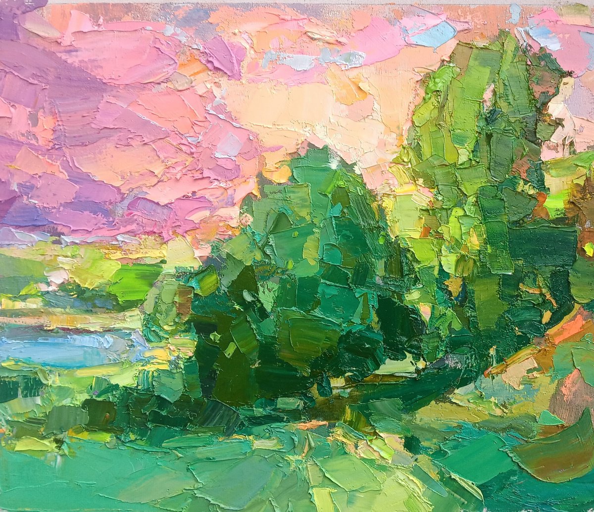 Impressionistic Landscape Oil Painting By Ruslan Khais, 18 X 16", Evening, Original Artwork