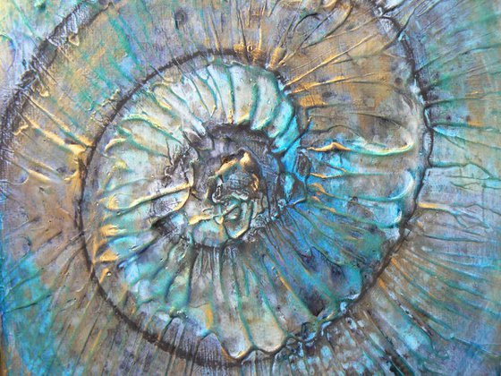 Turquoise Ammonites #2 (textured fossil artwork, ready to hang)