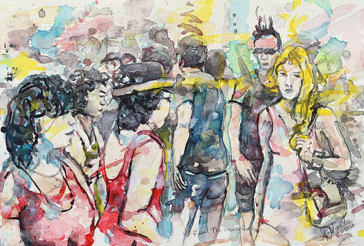 Expressive Portrait Acrylic Painting By Gordon T., 18 X 12, Feel The Crowd, Original Artwork