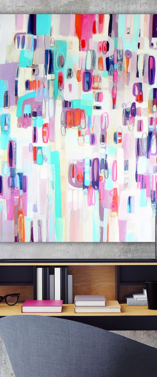 Free Fallin (large colourful square abstract painting in pink and turquoise) by Carolynne Coulson