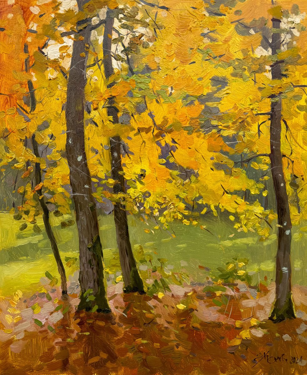 Impressionistic Botanical Oil Painting By Evgeniia Mekhova, 12 X 14, Autumn Forest, Original Artwork