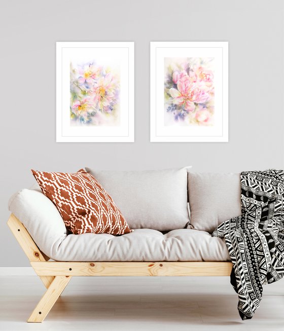 Watercolor floral painting, diptych "June peonies"