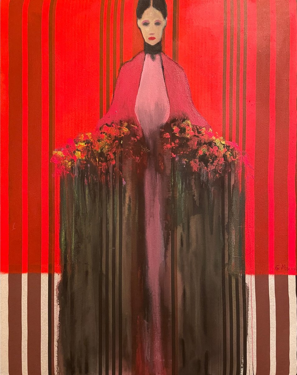 Abstract Portrait Acrylic Painting By Gela Mikava, 31 X 39, The Girl With Bouquet, Original Artwork