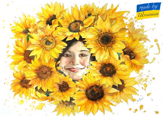 Ukrainian Girl in Sunflowers - Original Watercolor Painting - She is the Future