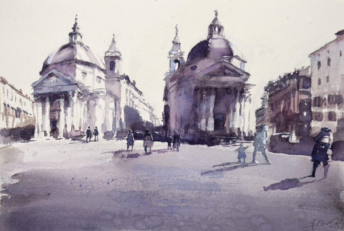 Expressive Cityscapes Watercolour By Goran Zigolic Watercolors, 22 X 15, Rome, Piazza Del Popolo, Original Artwork