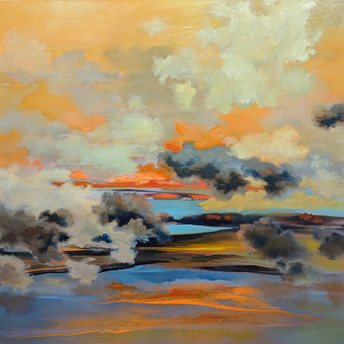 Impressionistic Landscape Oil Painting By Veta Barker, 36 X 36", Low Clouds, Original Artwork