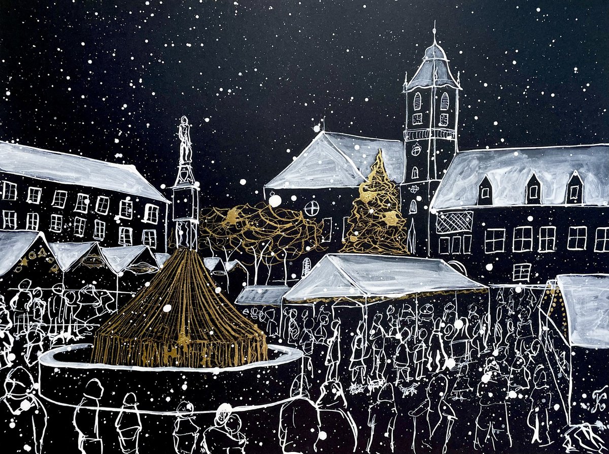 Christmas Market Painting, Bratislava Original Artwork, Snowy Winter Ink Art, Night City W... by Kate Grishakova