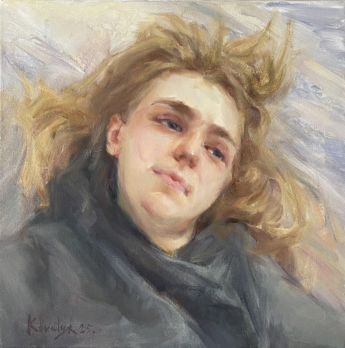 Impressionistic Portrait Oil Painting By Denys Kovalyk, 16 X 16, A Moment Before, Original Artwork