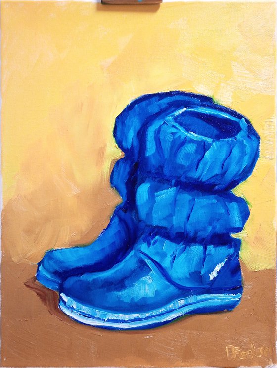 Still life with the blue rubber boots