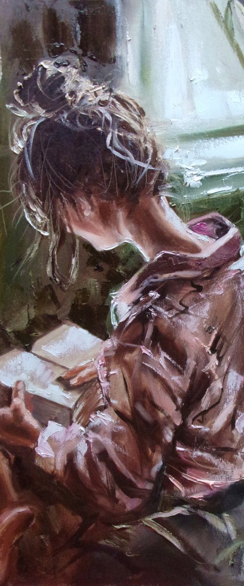 " LAZY DAY " book lover original painting window WINTER palette knife GIFT brown by Monika Luniak